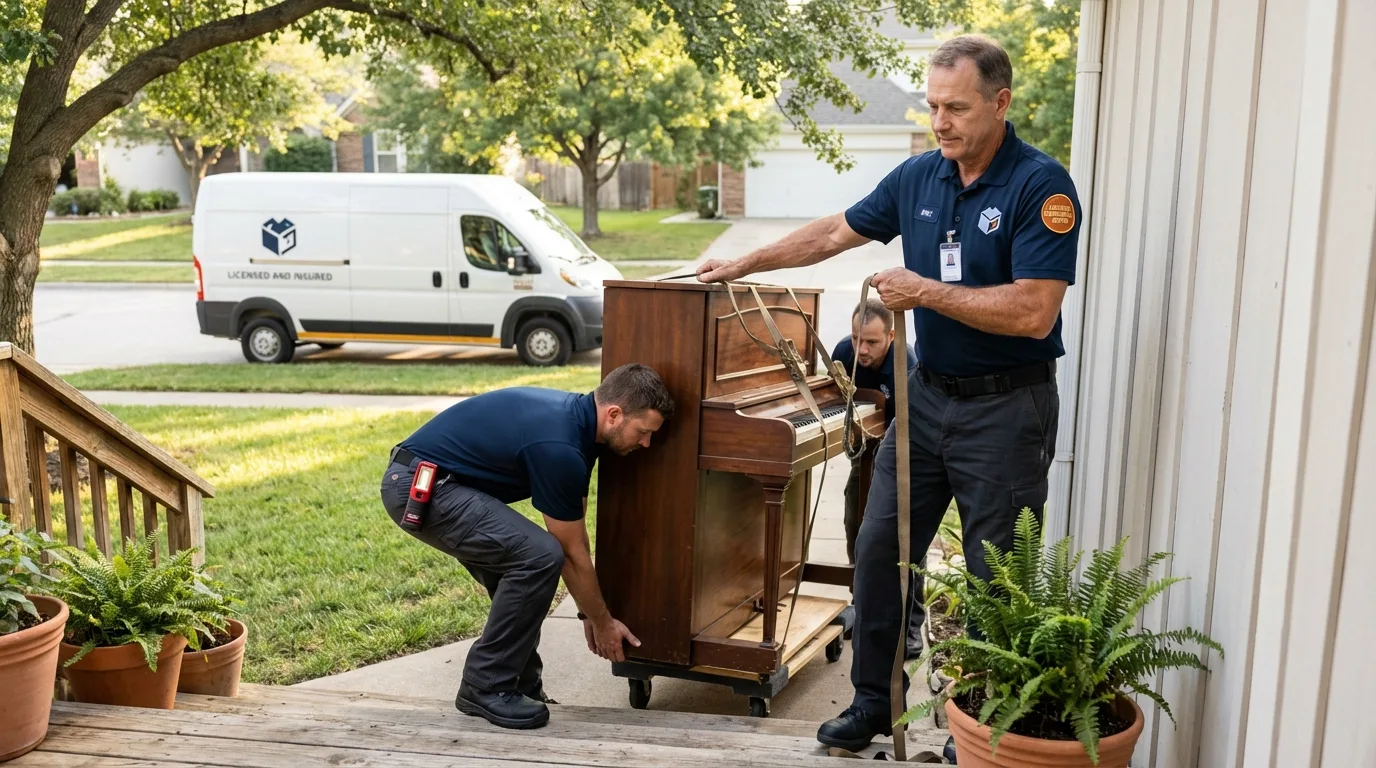 Licensed piano movers securing grand piano in Pottsville, AR
