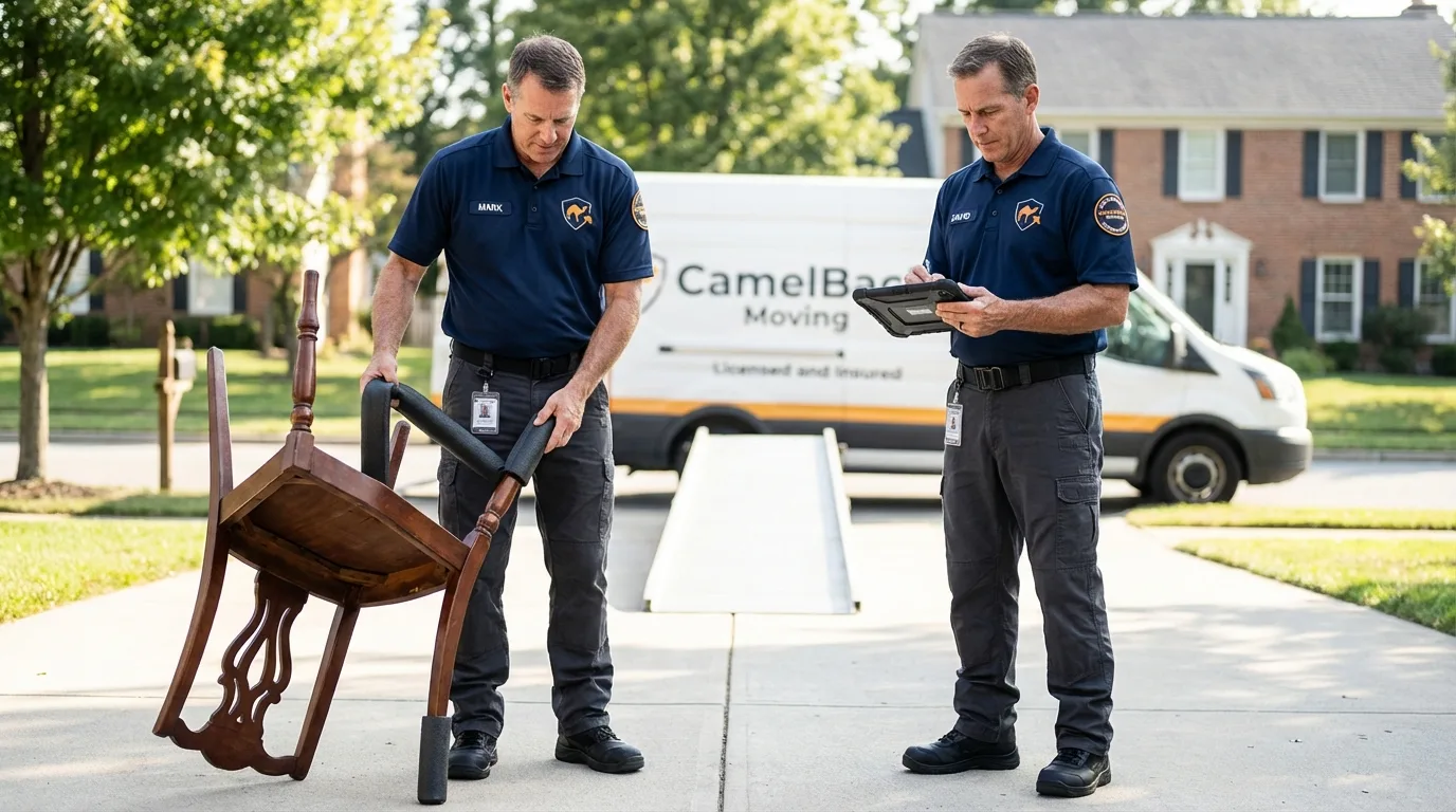 Movers inspecting furniture for damage prevention before loading in Pottsville, AR
