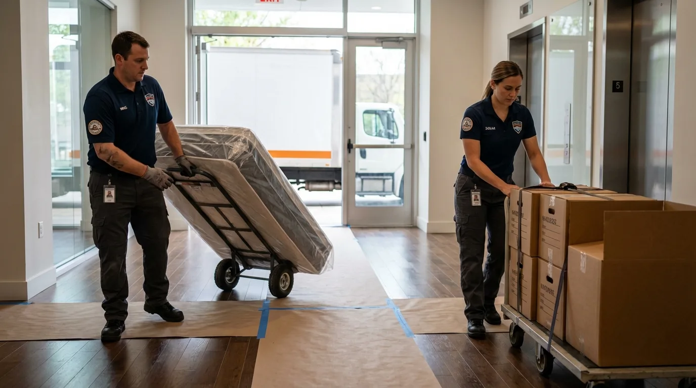 Professional apartment movers loading elevator in Pottsville, AR